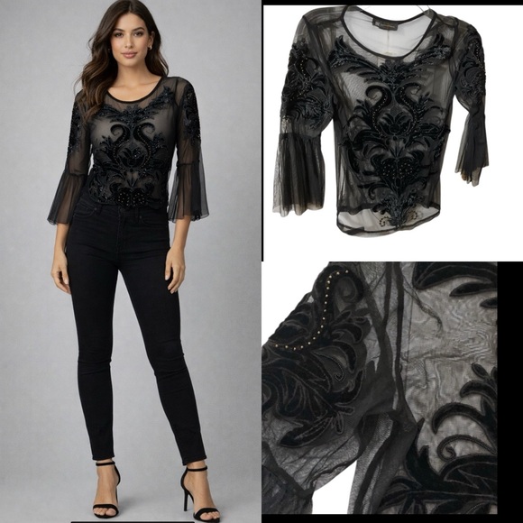 INC International Concepts Tops - INC‎ Black Mesh Velvet Appliqué See Through Top Blouse. Petite,Vintage,Y2K, Goth